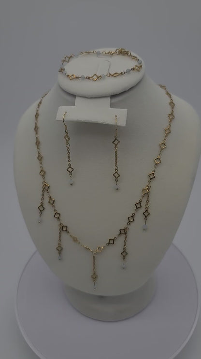 Aquamarine & Gold Clover Jewelry Set, Adjustable, Fringe Necklace, Bracelet & Earrings