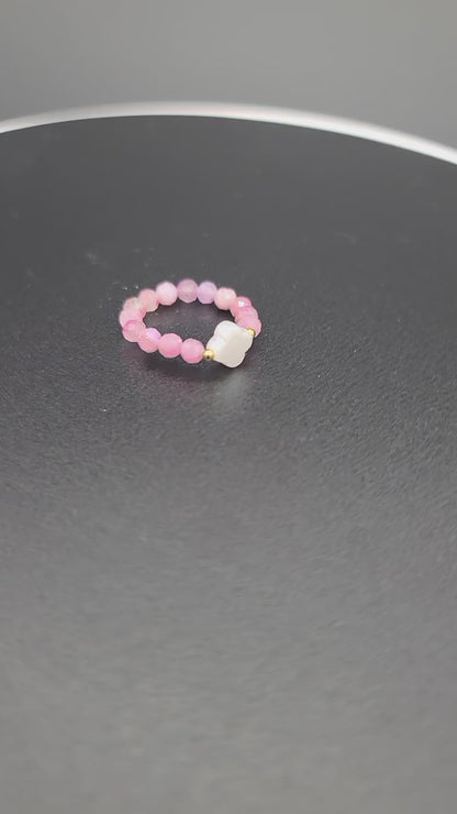 Faceted Pink Tourmaline with Faux Pearl Clover Stretch Fit Ring 7 – 9