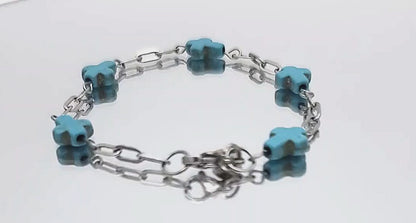 Modern & Minimal, Blue Stone Cross and Stainless Steel Paperclip Bracelet 6.5 - 7"