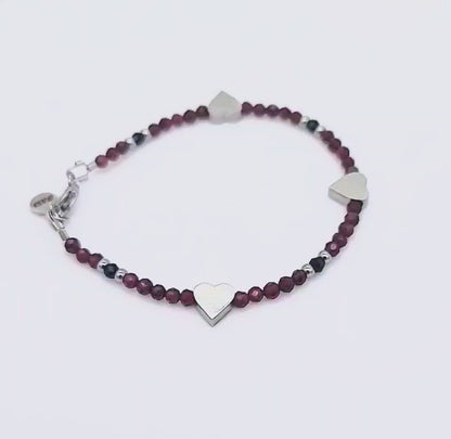 Dark Romance Garnet, Black Glass Bead, Stainless Steel Heart Bracelet