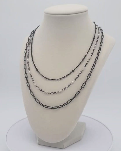 Triple Threat 3 Layer Black Stainless & Shell Pearl Necklace