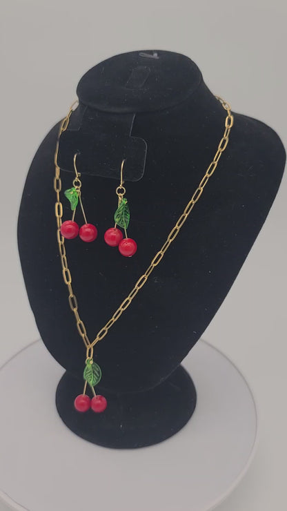 Cherry Pop Gold Stainless Necklace & Earrings Set