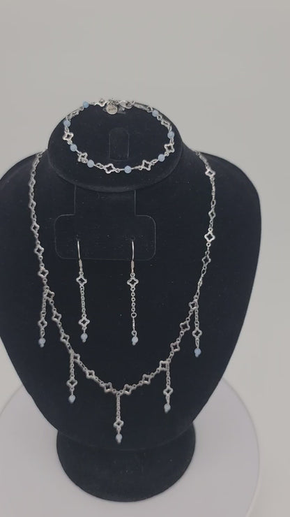 Aquamarine & Stainless Clover Jewelry Set, Adjustable, Fringe Necklace, Bracelet & Earrings