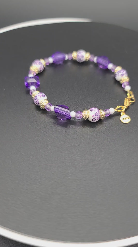Violet Garden Bracelet, Porcelain Flowers, Faceted Pink/White, Gold Stainless 7.5"