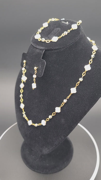 Faux Pearl Clover & Dalmatian Bead Set, Adjustable 17.5 - 20" Necklace, 7.25" Bracelet, 1.25" Earrings