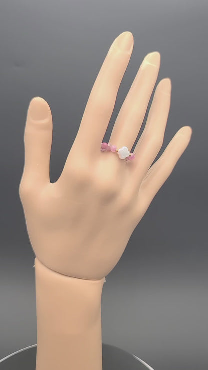 Faceted Pink Tourmaline with Faux Pearl Clover Stretch Fit Ring 7 – 9
