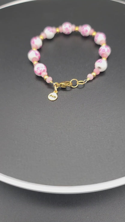 White & Pink Floral Porcelain & Gold Stainless Bracelet 7.25"