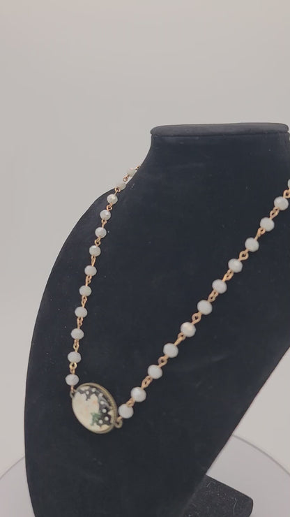 Vintage-Style Rose Cabochon Necklace, Faceted Off-White Glass Beads, 17" with Adjustable Extender