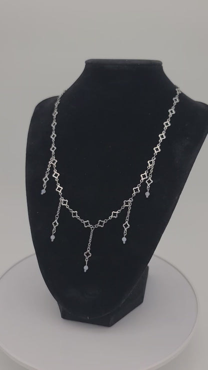 Aquamarine & Stainless Clover Fringe Necklace
