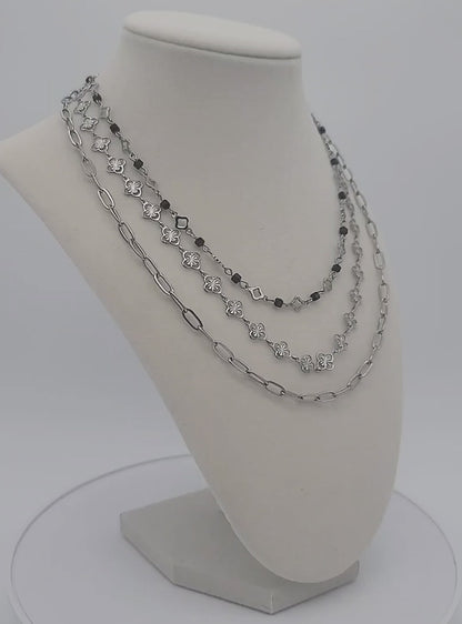 Clovers and Starcoin with Black Spinel Triple Layer Stainless Steel Necklace