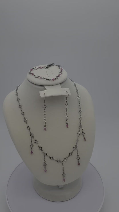 Blush Steel Clover Jewelry Set:  Stainless with Pink Tourmaline (Necklace, Bracelet & Earrings)